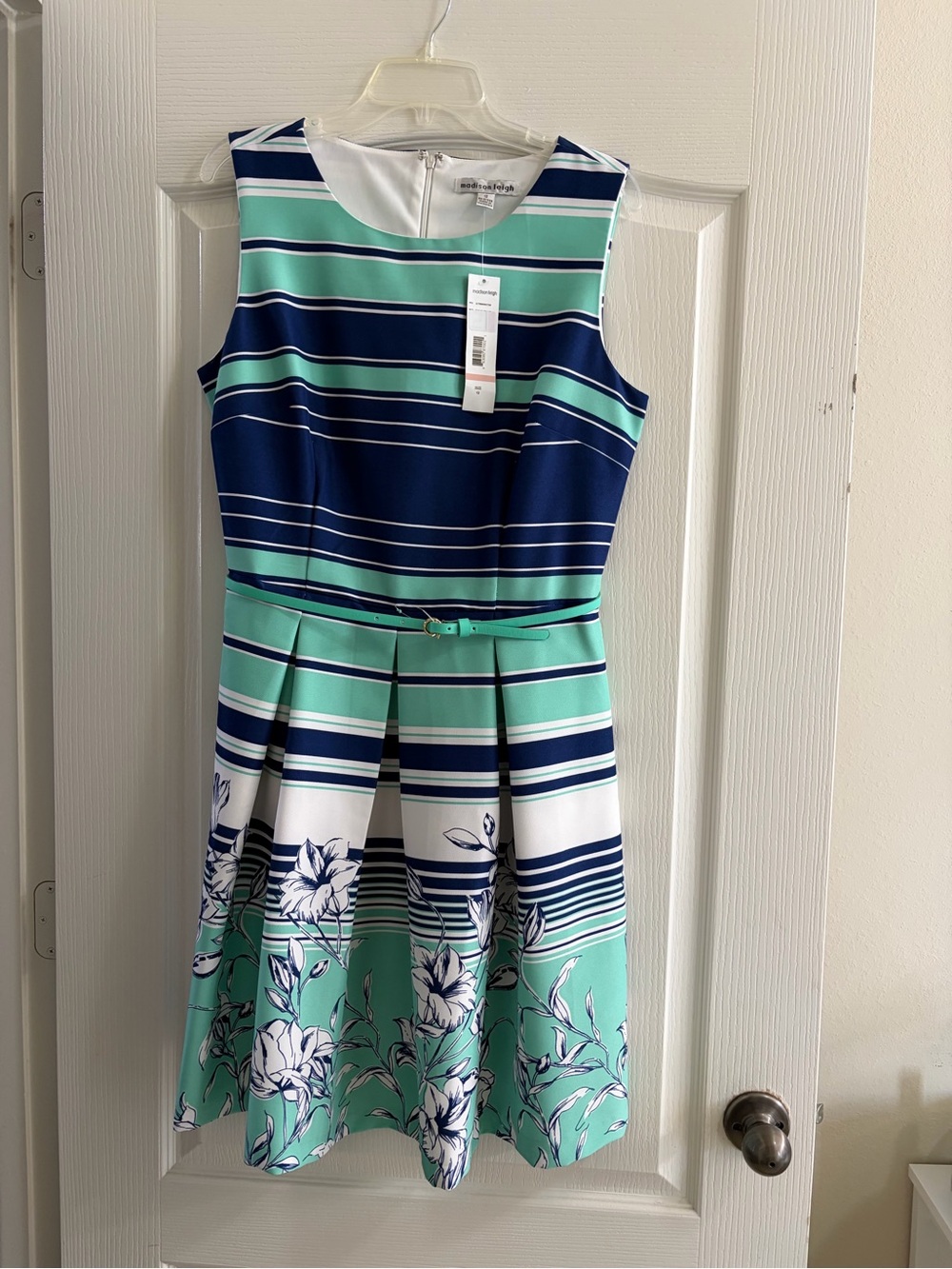 NWT Madison Leigh Navy Mint Green Striped Floral Fit & Flare Dress Belted